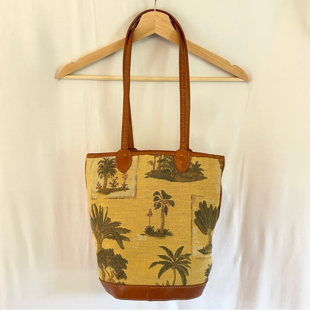 Tommy Bahama Vintage Shoulder Bag Brown Leather Canvas Tropical Palm